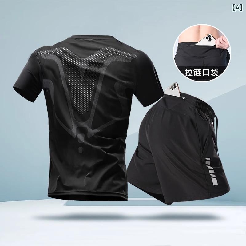 ランニングウェア　スポーツ　メンズ スポーツ スーツ メンズ ランニング ショーツは スマートフォンを 収納 できます 夏の 冷感 速乾 服 半袖 T マラソン フィットネス