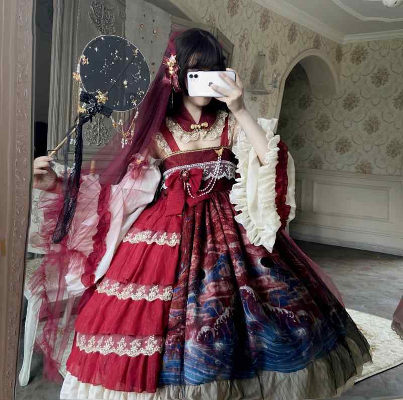 ロリータ お召しもの コスプレ Doujiang ロリータ Chaoge 瀬戸もの風 漢化学元素 真っ白い 如何様物 襟 ウォータース リーブス 輪っか JSK お召しもの