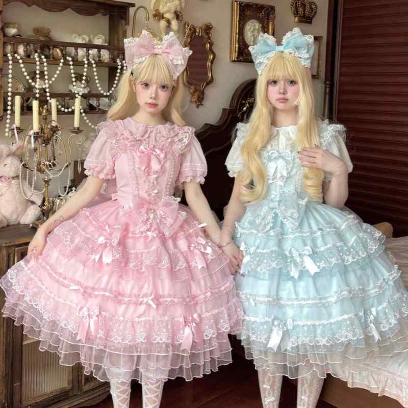 ワンピース レディース ロリータ ドレス ジャンスカ JSK かわいい 姫系 お姫様 フリル レース リボン ゴスロリ 甘ロリ 切り替え ふんわり シルエット フレア チュール 裾レース 膝丈 ミディ丈 発表会 イベント 文化祭 パーティー コスプレ 衣｜みやショップ店