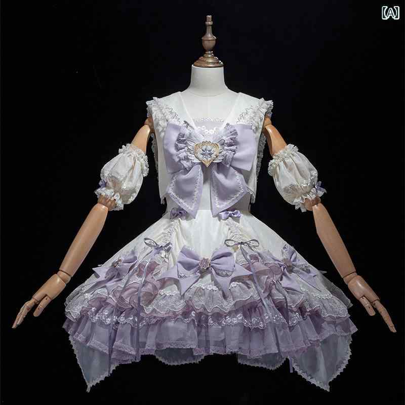 ロリータ　ドレス　コスプレ 真 夏の 物語の コラボ ドレス 白と 紫の 厚底 靴と ヘッド バンド ソフト ガール 風 タイム ウィッシュ ラブ バッグ オール シーズン スタイル キングオブ グローリー ロリータ