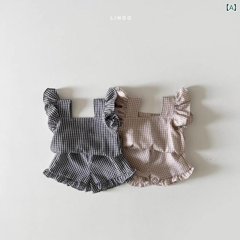 ベビー服　半袖　セット 年 韓国 子供服 幼児 夏服 チェック 柄 スーツ 女児用 フライング スリーブ トップスと ショート パンツ コットン ウェア