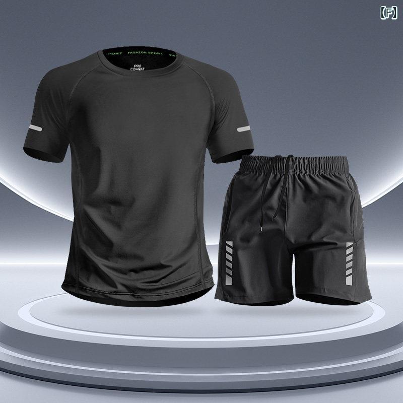 ランニングウェア　スポーツ　メンズ ランニング スポーツ スーツ メンズ フィットネスウェア 夏 用 冷感 速乾 半袖 マラソン トレーニング ショーツは スマートフォンを 収納 可能