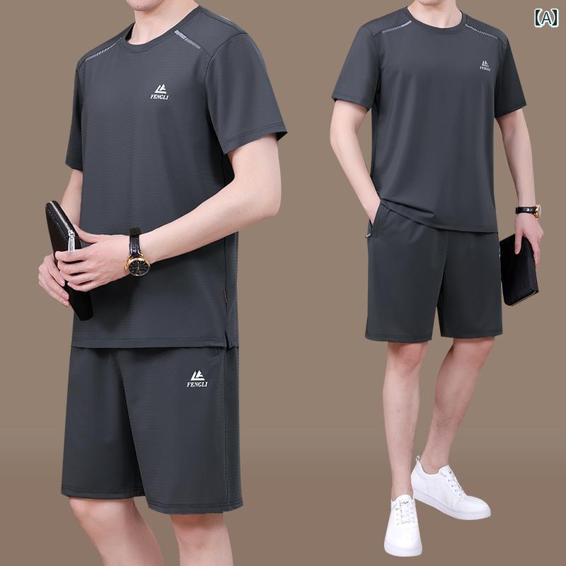 ランニングウェア　スポーツ　メンズ お父さんの 夏の スーツ メンズ 2025夏の ラウンドネック 冷感 半袖 Tシャツ ショート パンツ スポーツウェア