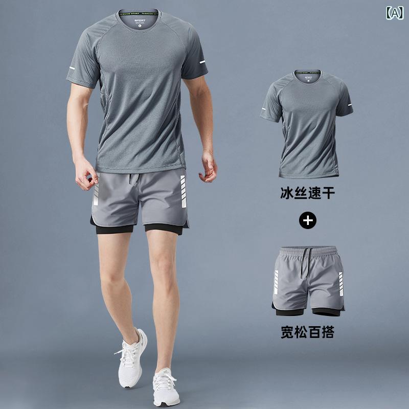 ランニングウェア　スポーツ　メンズ ドイツの フィットネスウェア メンズ マラソン ランニング 冷感 夏用 半袖 ショート パンツ 朝 用具 速乾 スポーツ スーツ