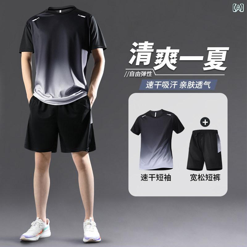 ランニングウェア　スポーツ　メンズ スポーツ スーツ メンズ 冷感 速乾 服 グラデーション Tシャツ 半袖 ランニング トップ 夏 2025 バドミントン
