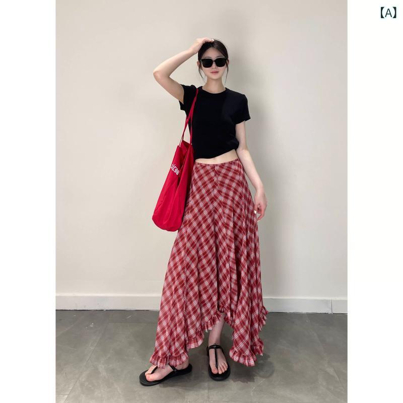 チェック柄　かわいいスカート レディース Rouje Wardr フレンチ レトロ チェック 柄 イレギュラー スカート レディース 夏用 フリル 裾 ロング aライン