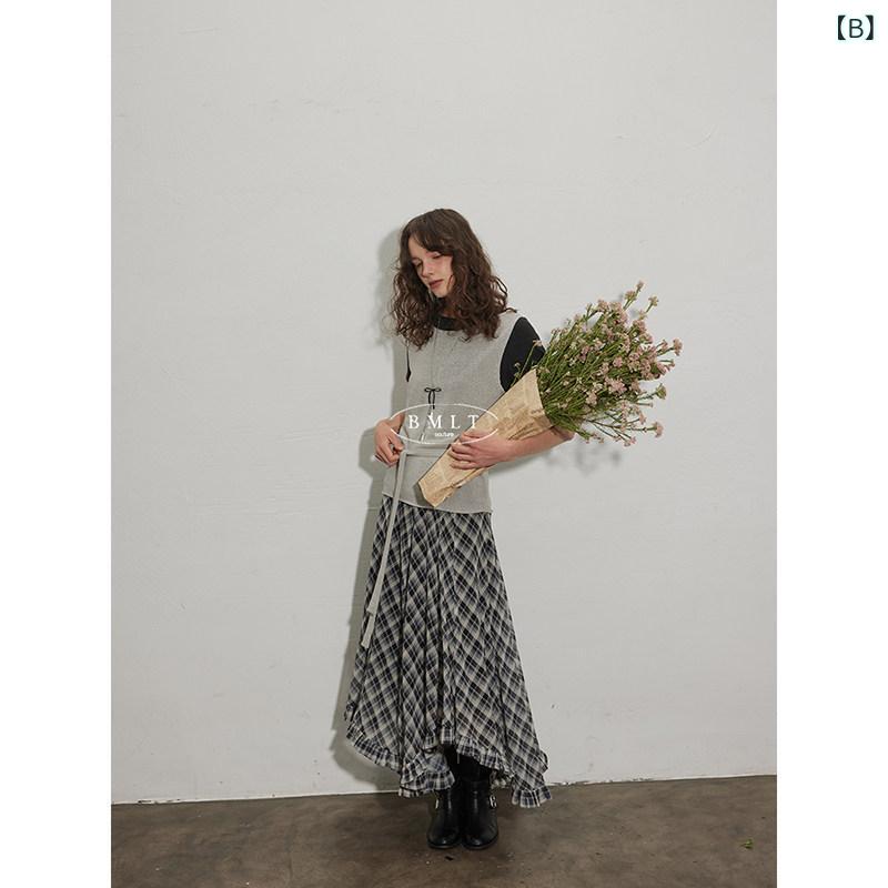 チェック柄　かわいいスカート レディース BMLT Secret Language フレンチ スプライシング 不規則 クラシック チェック 柄 夏 ゆったり ミドル 丈 スカート