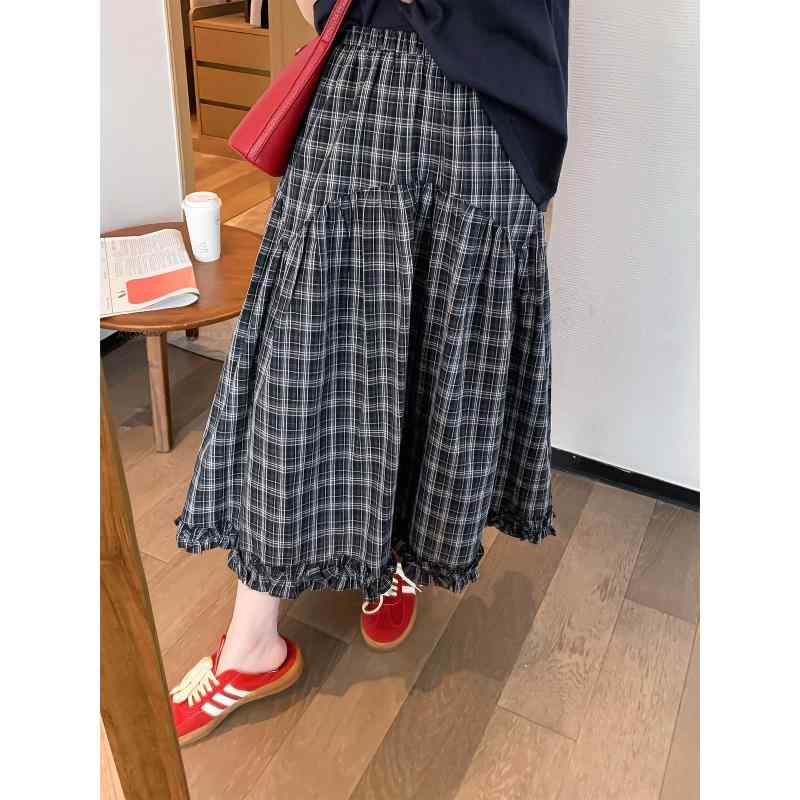 スカート レディース ハイウエスト Aライン ロング丈 切り替え チェック柄 レトロ カジュアル 体型カバー 細見え 着痩せ ゆったり プラスサイズ 大きいサイズ お腹周り 二の腕カバー 通勤用 普段使い デイリーユース 大人かわいい 質感 上品 体系カ｜みやショップ店