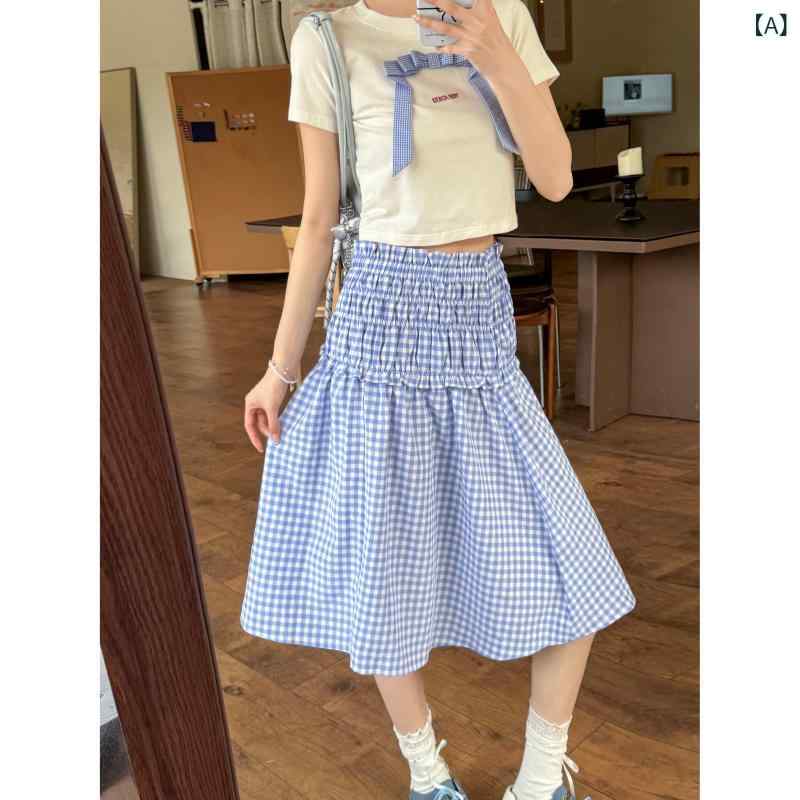 チェック柄　かわいいスカート レディース 韓国 レトロ ウエスト ゴム スカート レディース 夏用新 スタイル 赤 チェック 柄 ゆったり スリミング 年齢を 感じさせにくい ミドル 丈 aライン