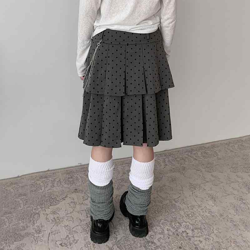 スカート レディース Aライン フレアスカート プリーツスカート ボトムス ミモレ丈 ドット柄 水玉模様 グレー系 ゆったり 体型カバー 着痩せ 細見え 体系カバー プラスサイズ ギャザー ふんわり 大人かわいい カジュアル トレンド おしゃれ フェミニ｜みやショップ店
