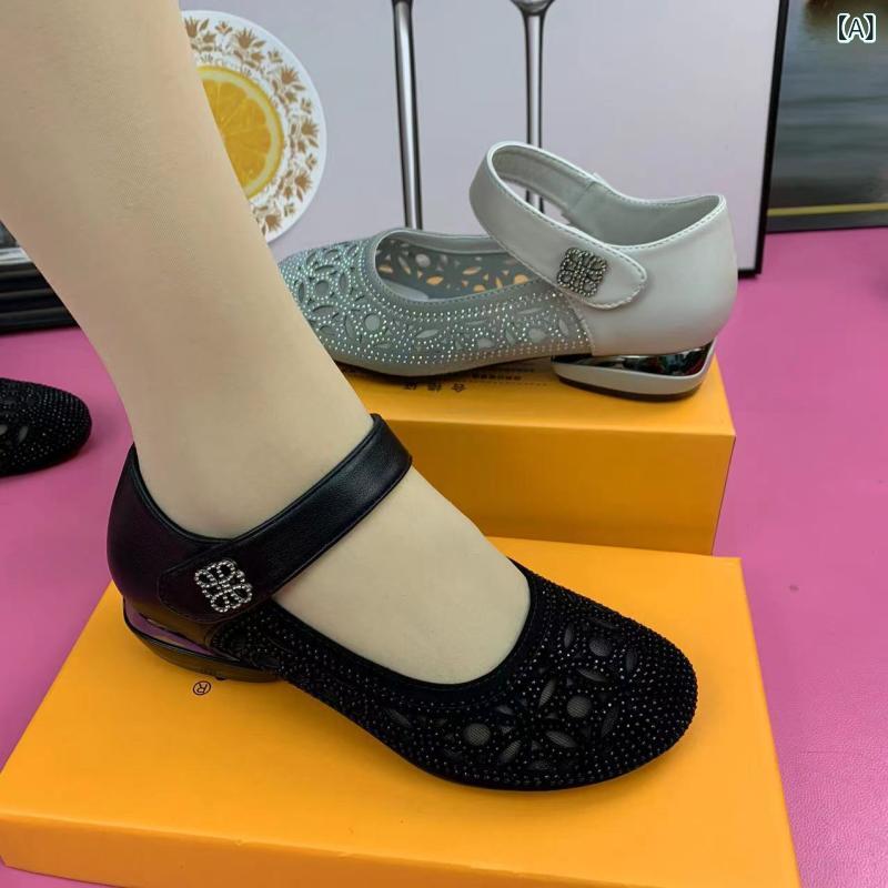 ローヒール パンプス シューズ レディース 新の ソフト レザーメッシュ サンダル 通気性の ある シングル シューズ レディース ボトム ダンス ホール 夏の ママ 靴