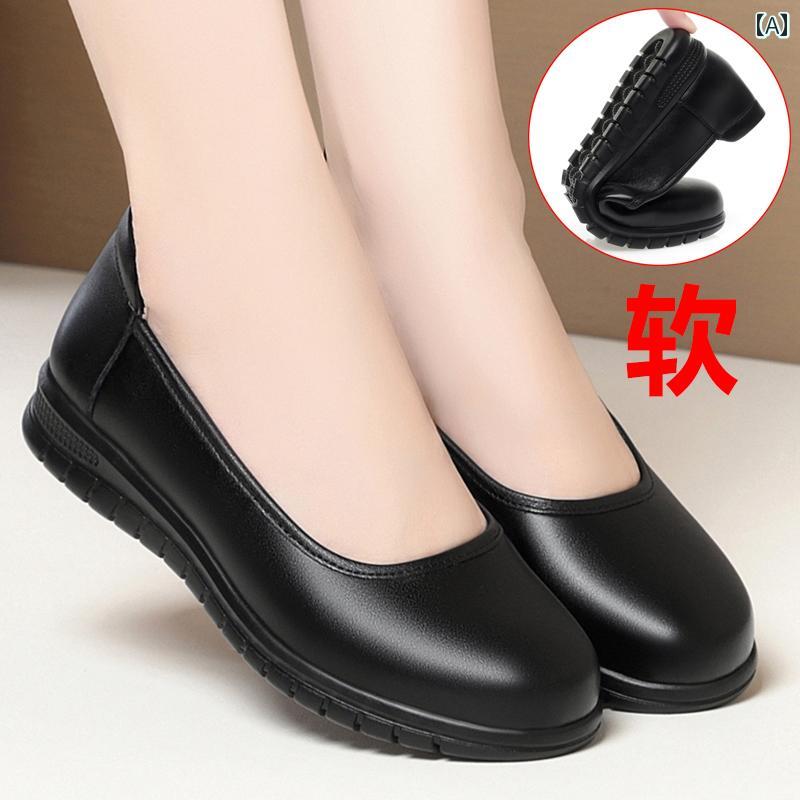 ローヒール パンプス シューズ レディース 長期 スチュワーデス 作業 靴 女性用 黒 レディース 革靴 フラット 滑り止め 作業着 ママ シングル シューズ