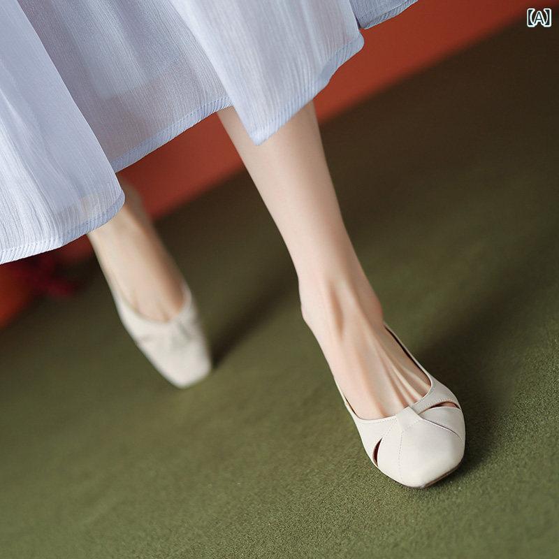ローヒール パンプス シューズ レディース フル カウハイド 革 サンダル 2025夏 美しい 小さめ サイズ 33 スカート 付き フラット シューズ レディース｜みやショップ店