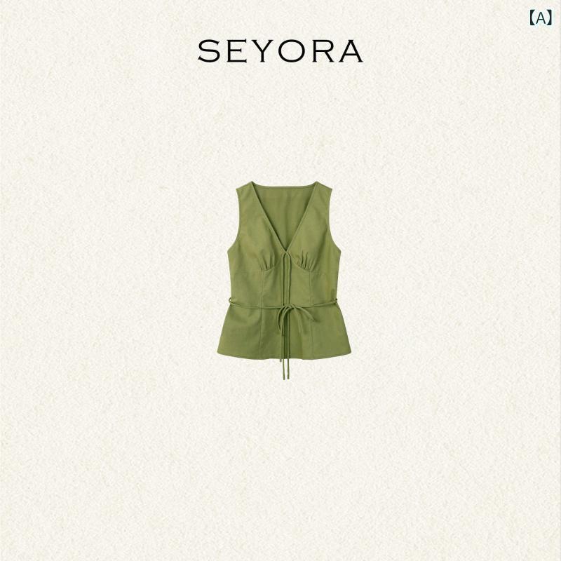 Vのど首 キャミソール ノースリーブ Seyora Siyao Beautiful Dream リネン コットンレースアップ ノースリーブ Vのど首 筋目 キャミソール より良い レディース