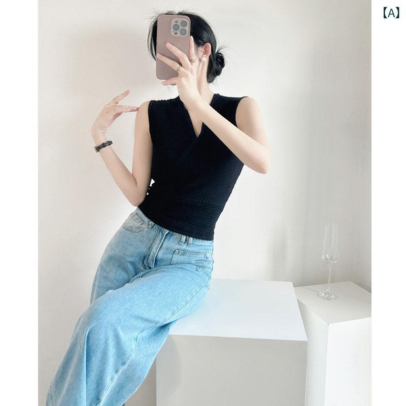 Vネック　キャミソール　ノースリーブ 夏の フレンチ セクシー ウエスト スリミング Vネックノースリーブ トップス ブラック ショルダー 冷感 ニット ベスト レディース
