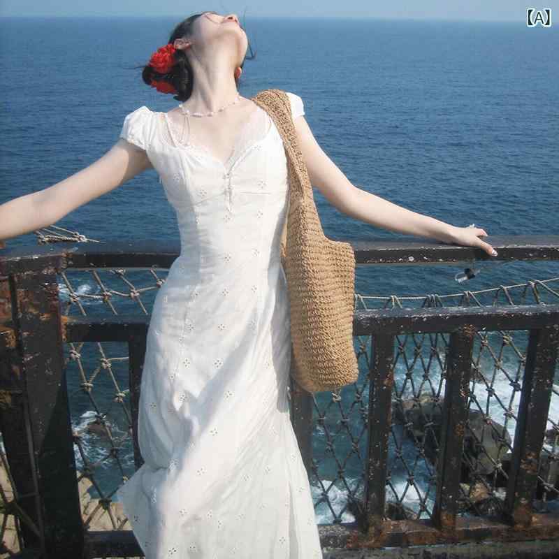 ロングスカート　ドレス　レディース 女性用 ホワイト Vネック ドレス 夏用 ロング ウエストに フィット 重厚な 刺繍 フレンチ レトロ 半袖 美しい フィッシュ テール スカート｜みやショップ店