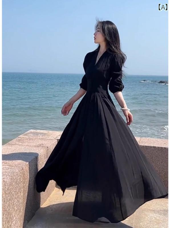 ロングスカート　ドレス　レディース フランスの 高級 な 美しい 黒の ドレス 姉妹の 休日 スタイル ウエスト Vネックの ロング スカート