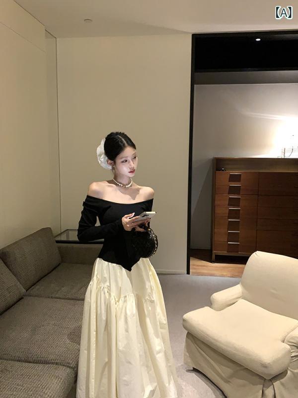 ロングスコート 御召しもの レディース 秋 レディース向け 黒と 白の 対比 一肩先 オフショルダー 御召しもの。 フランス共和国 風の ロイヤル ベビー 表現スタイル 雅びやかで 冷やりとしたな ハイエンド a伝達ルート ロング スコート。