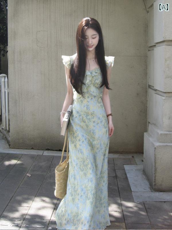 ロングスカート　ドレス　レディース フランスの 優しい 小さい フライング スリーブの 花柄 ワンピース レディース 夏のの 美しい 高級 ウエスト スリム ロング スカート