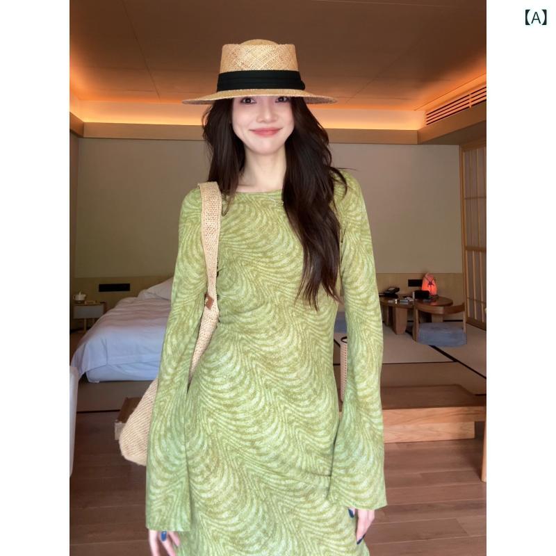 ロングスカート　ドレス　レディース Zhizhi Green Field Poetry 夏 レディース フレンチ レトロ プリント スリムフィット 長袖 ワンピース