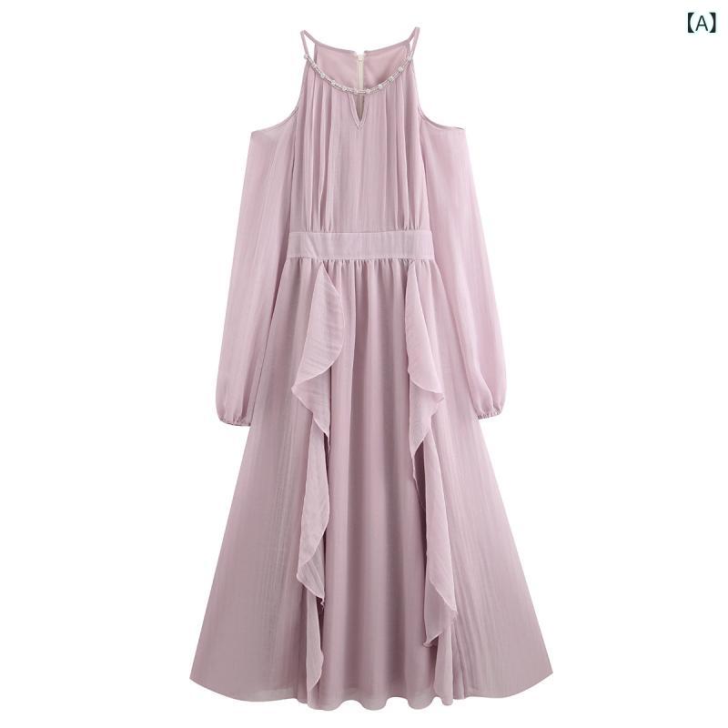 ロングスカート　ドレス　レディース チーズ ディア フレンチ シーサイド ホリデー 美しい ドレス 女性用 夏用 高級 ホルターネック オフショルダー フリル ロング スカート