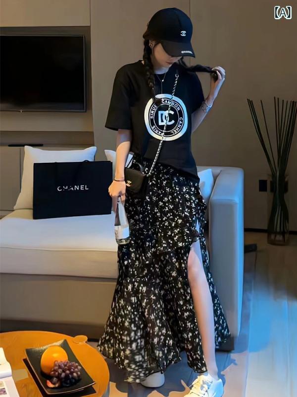 ロングスカート　ドレス　レディース 女性用 フリル 花柄 スリットスカート 2025夏 スタイル 大きいサイズ ミディアム ロング スリム 伸縮性 膝丈 スカート