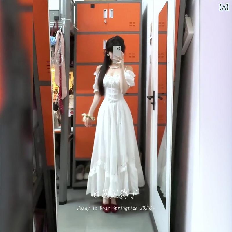 ロングスカート　ドレス　レディース 夏に 優しい の 美しい 刺繍の ホロー ウエストの ロング ドレスの レディース フレンチ 白い パフスリーブ サスペンダー ドレス