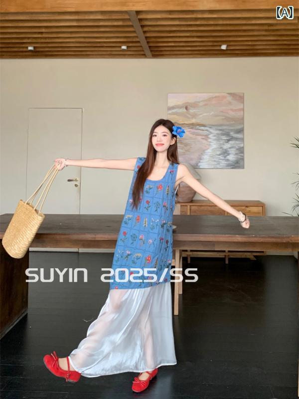 ロングスコート 御召しもの レディース SUYIN フランス共和国の 素晴らしい 青碧の 刺しゅう入り口・入口 ノースリーブ御召しもの レディースの 如何様物 背広 流行り物 より良い ロング スコート