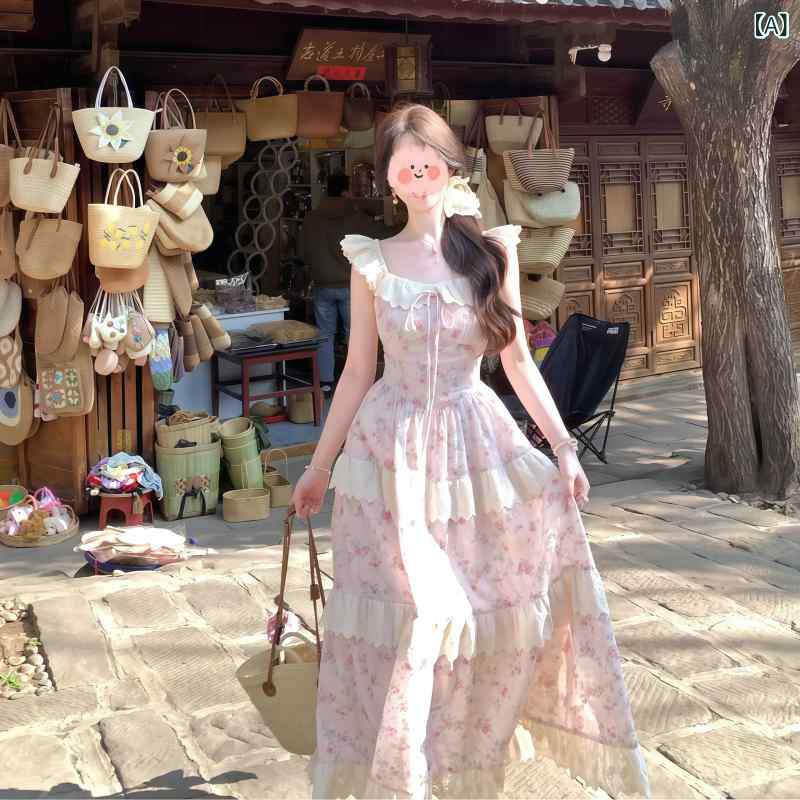 ロングスカート　ドレス　レディース フランスの ウエストが かわいい 小さい フライング スリーブの レース ティアードスカート レディース 夏の ホリデー ドレス ロング スカート