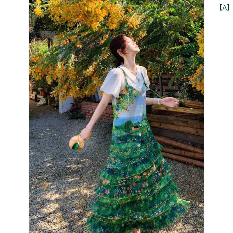 ロングスカート　ドレス　レディース グラリ アンピン真 夏の 森 油絵の 重厚な プリント ドレス フレンチ スリム ホリデー ロング 夏｜みやショップ店