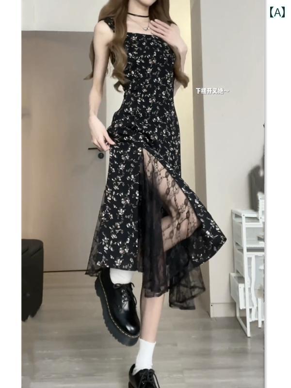 ロングスカート ドレス レディース フレンチ 黒い 花柄の ドレス レディース サンセット サスペンダー カーディガン ツーピースの 甘くて スパイシーな スカート スーツ フライド ストリートの ロング