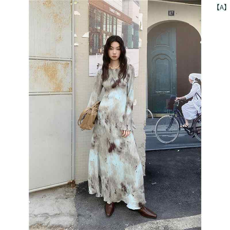 ロングスカート ドレス レディース BaiYaShan / Bai Yashan フランスの 芸術的な 花柄 プリント ロング スカート レディース 秋 バックレス ドレス