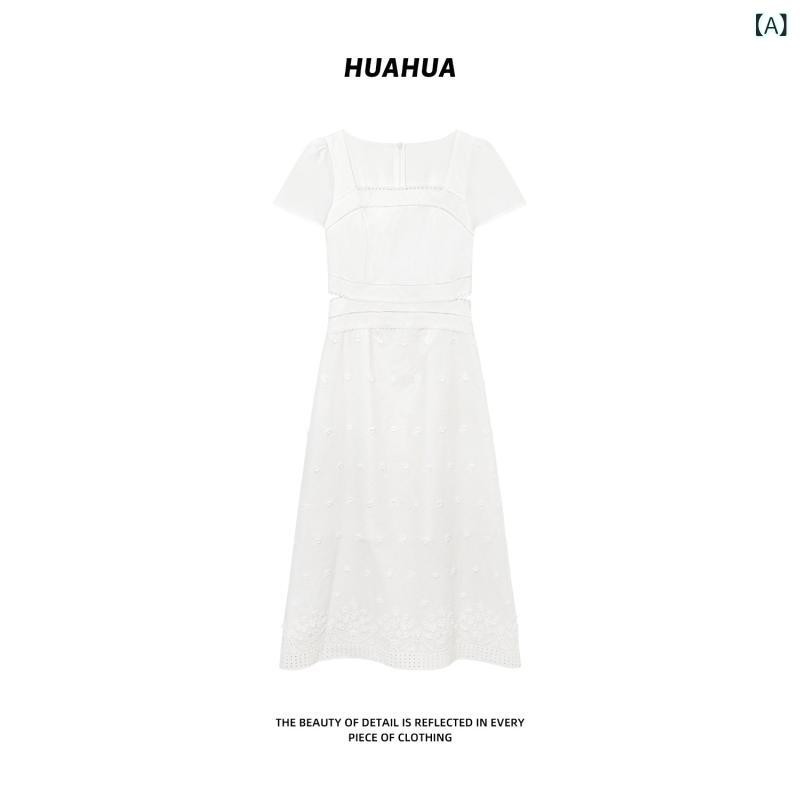 ロングスカート ドレス レディース Huahua ホワイト タワー ローズ フレンチスクエア ネック コットン 半袖 ワンピース レディース スリミング ウエスト ロング