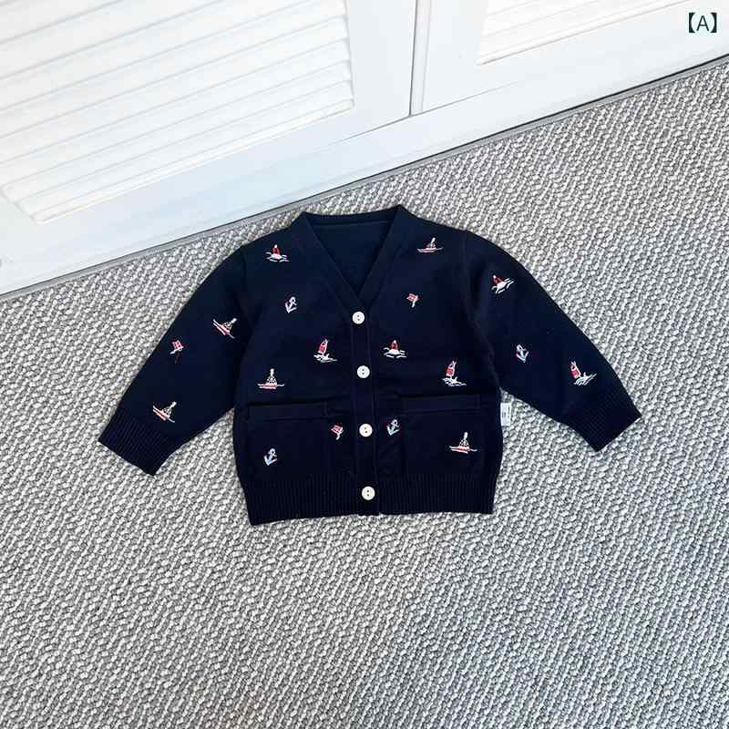 子供服　セーター　ニット 2024 春秋 子供用 帆船 刺繍 Vネック ニットカーディガン 韓国 セーター ジャケット 服