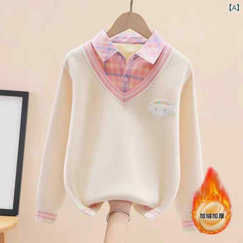 子供服　セーター　ニット 女の子 シャツ カラー セーター 2024 秋冬服中と 大きいサイズ 子供の ニット レイヤリング ワンピース 裏起毛 厚手