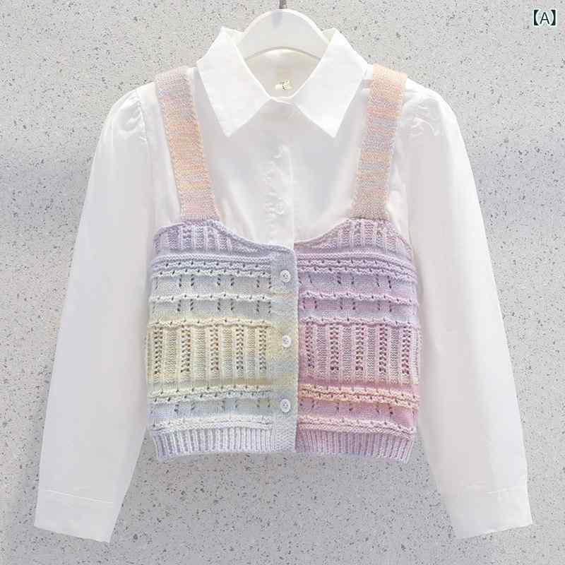 子供服　セーター　ニット 女の子 セーター 2025 カーディガン 子供用 フェイク ツーピース ベスト シャツ 春秋 レインボーニット トップ