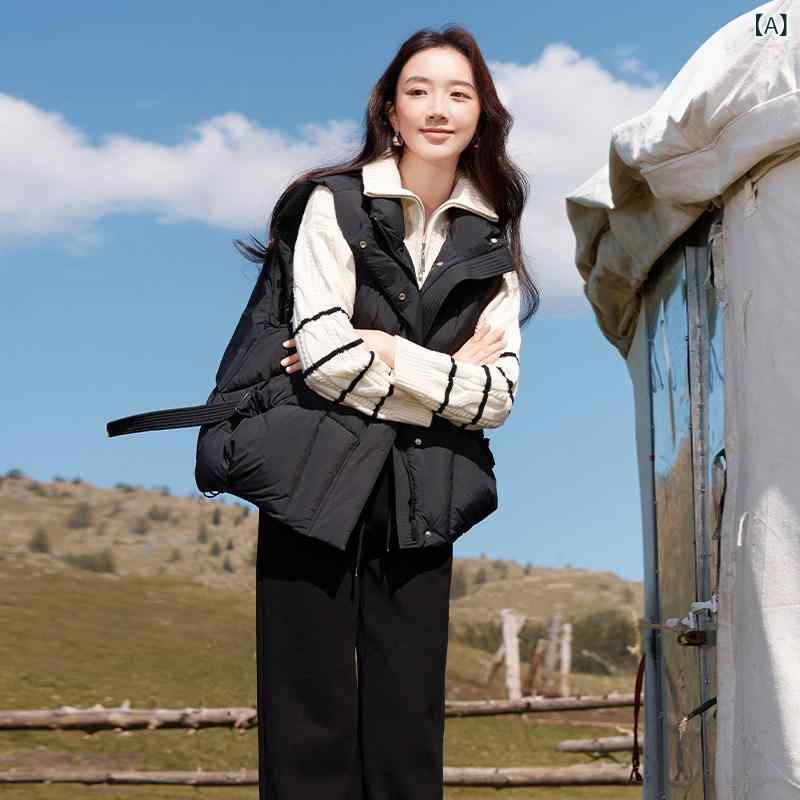 レディース　ダウン　ベスト Xiangying ふわふわ ダウン ベスト レディース ホワイトダックダウン 2024 冬 ファッション カジュアル レイ ヤード スタンドカラー ノースリーブジャケット｜みやショップ店