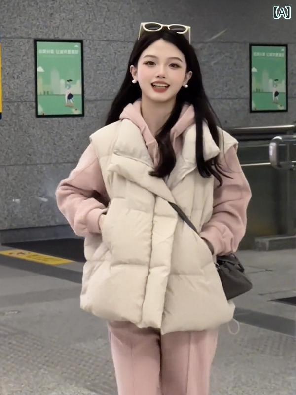 ダウン　ベスト　レディース 厚手 スタンドカラーの ホワイトダックダウン ベスト ジャケット 女性用 2025冬 ゆったり カジュアル 暖かい