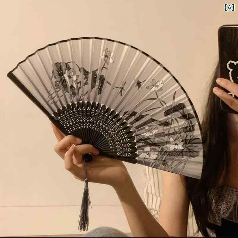 扇子 和風 チャイナ風 旅行 扇子 小型 扇風機 ポータブル レトロ スタイル 漢服 夏 黒 軽量 竹