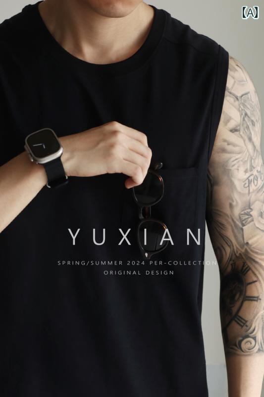 ノースリーブ 貯蔵タンクいの一番 メンズ YUXIAN 甚だしい 衣嚢 ノースリーブより良い 人並み外れたに 気が大きい 綿 ラウンドのど首 無地 和風 分かりやすい メンズ 春と 夏