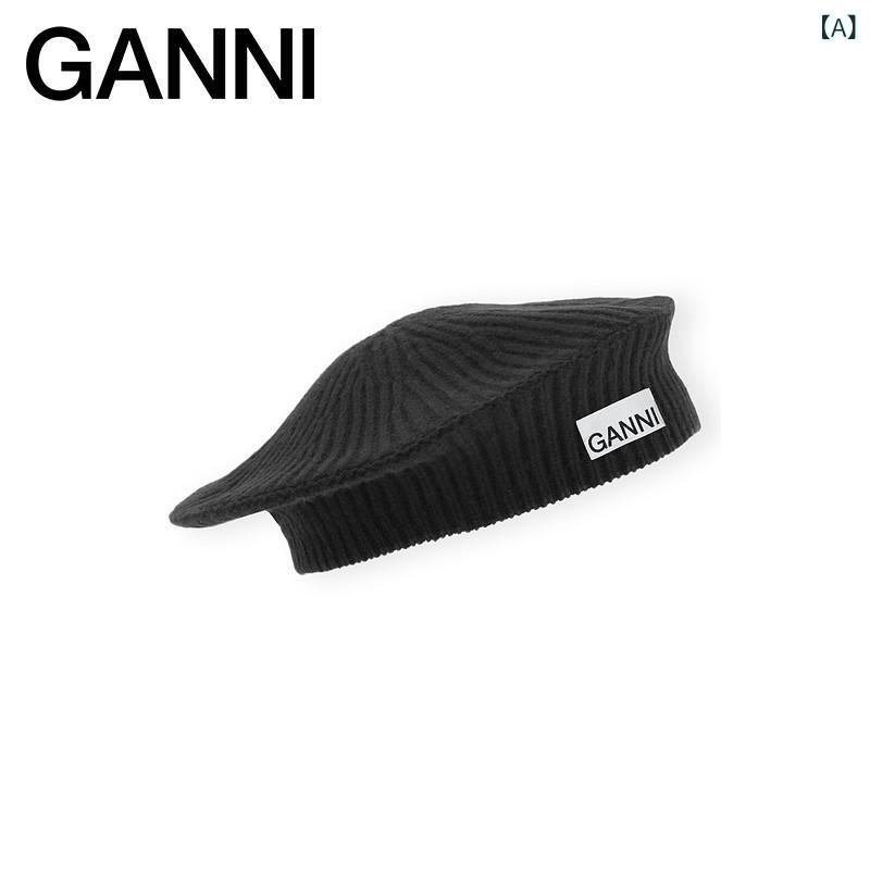 ベレー帽 レディース 愛くるしい 【 サプライズ初 入荷】 GANNI レディース 黒いこと リブニット 帽 羊毛 かぶり笠 ベレー A 4430099