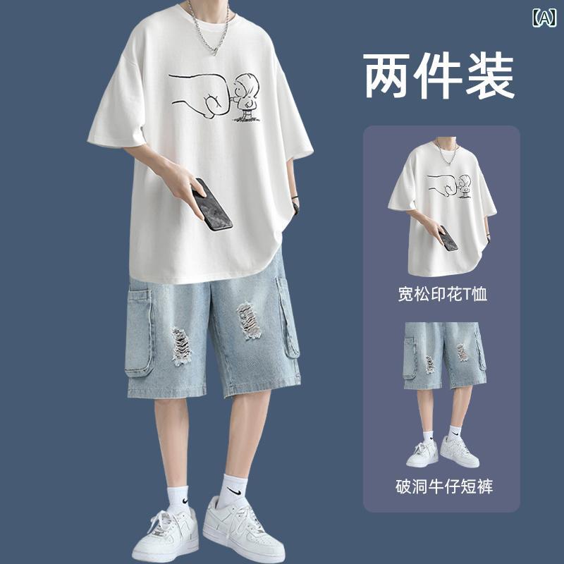 メンズ Tシャツ セットアップ 綿 半袖 Tシャツ メンズ 夏 ツーピース カジュアル スーツ  ボーイズ ゆったり マッチ フル セット