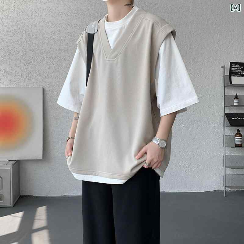 メンズ　Tシャツ　セットアップ フェイク ツーピース 半袖 Tシャツ メンズ 夏 着用な スーツ