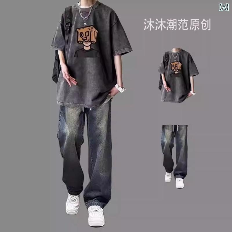 メンズ　Tシャツ　セットアップ アメリカン ストリート 半袖 Tシャツ メンズ 夏の スーツ ゆったり レトロ トップス 服 セット