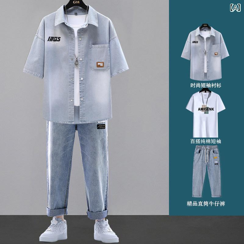 Tシャツ　メンズ　セットアップ 2025夏の 半袖 メンズスーツ で メンズ デニムシャツと 裏地 付き