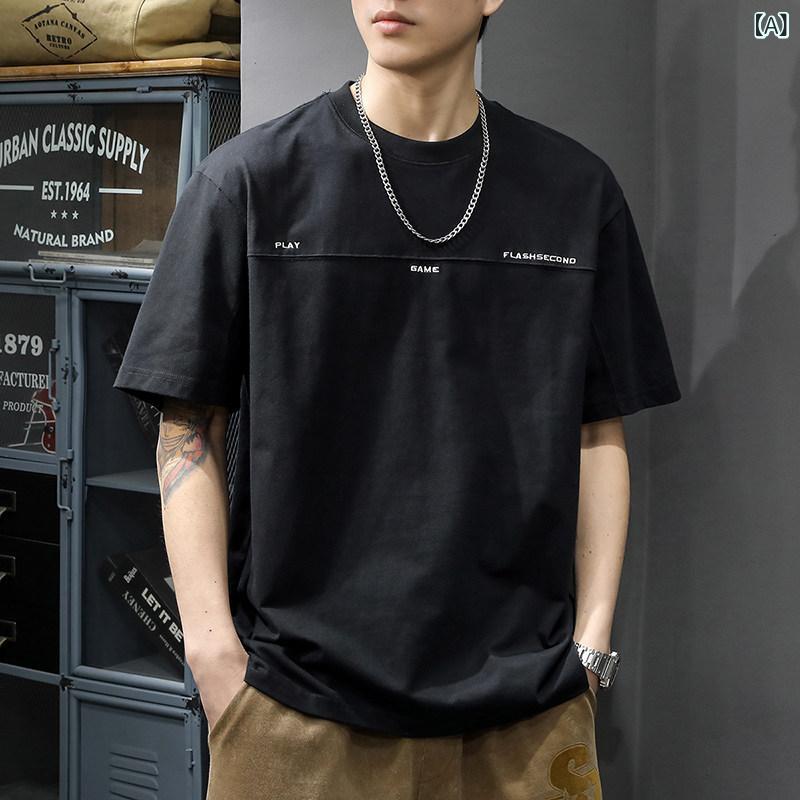 Tシャツ　メンズ　セットアップ 2024 ヘビーウェイト 綿 スプライシング 半袖 Tシャツ メンズ 夏の 刺繍 トップ