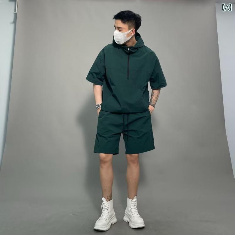 Tシャツ　メンズ　セットアップ 夏物 メンズ 和装 スーツ 作務衣 半袖 半 ズボン カジュアル コート シャツ 薄手の フード付き スウェットシャツ