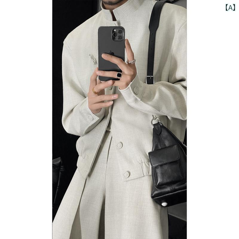 Tシャツ　メンズ　セットアップ ロンダ オダ オの 春 ファッション レトロ ハイエンド ブローチ スタンドカラー 万能 ジャケット ゆったり マチェーテ パンツ スーツ