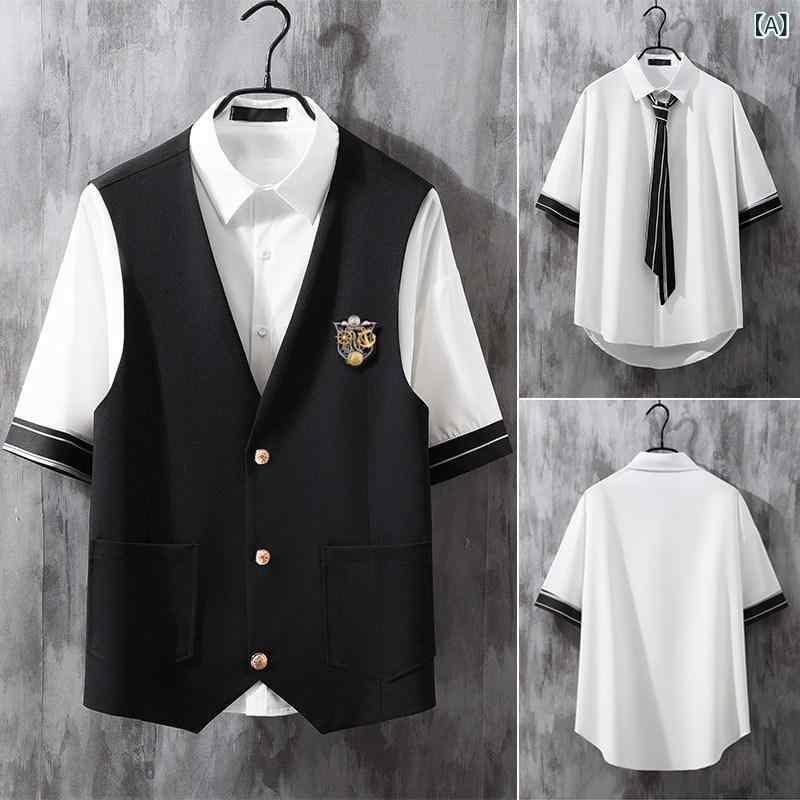 Tシャツ　メンズ　セットアップ 軽くて 大人っぽい メンズ 服 な 半袖 白 シャツ スリーピーススーツ クラス 制服 JKDK フル セット 付き