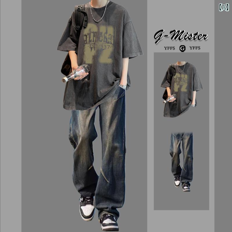 Tシャツ メンズ セットアップ 半袖 Tシャツ スーツ メンズカジュアル 夏な メンズ 服 セット ジーンズ 学生 ツーピース